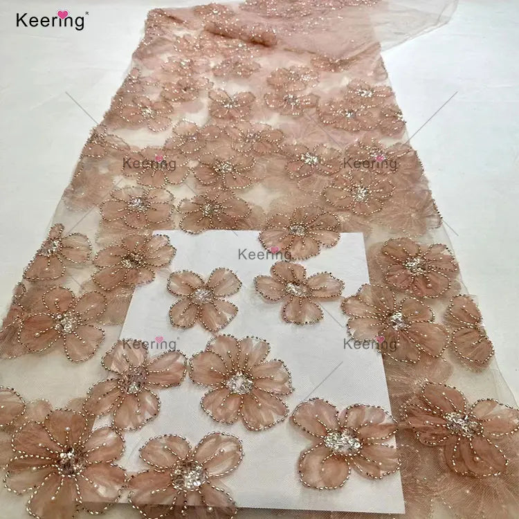 WFB-223 Keering Women Flower Blue Embroidery Chiffon Lace Rhinestone Sequin and Beaded Fabric for Dresses