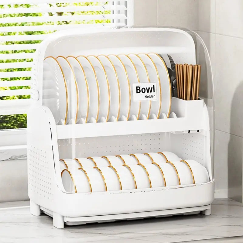 2-Tier Plastic Kitchen Counter Organizer Dish Drying Rack & Utensil Holder Cabinet Organizer Plates Bowls Saving Space Lid Co