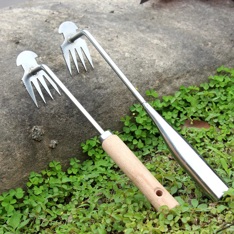 Dual Double Head Hoe with 3 Teeth Rake Stainless Steel for Loosening Soil Weeding Digging Gardening Hand Tool