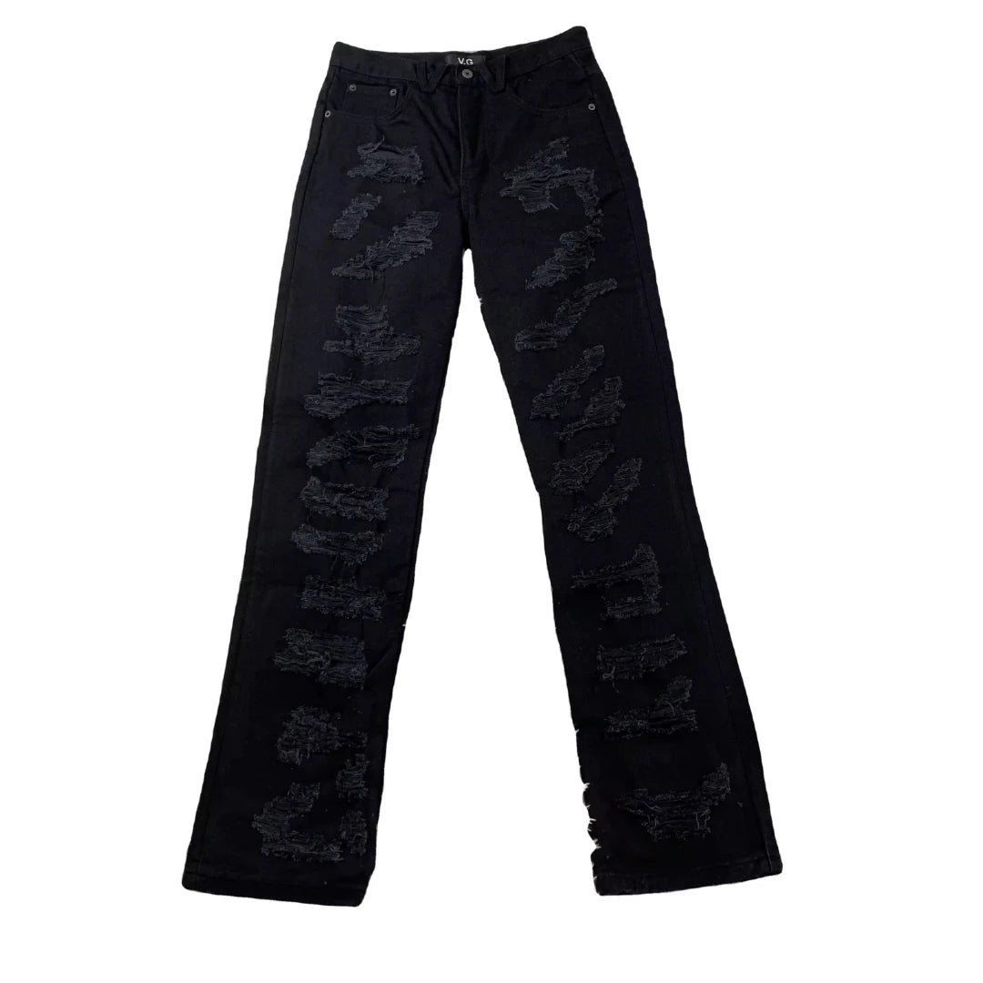 DENIMGUYS Custom Black Ripped Destruct Pants Men New Style Heavy Distressed Stacked Denim Jeans for Men