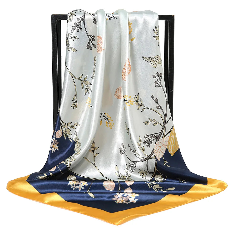 New 90cm Square Silk Flower Printed Joker Turban Shawl Long Fresh Spring Adult Multi-Purpose Strap Scarf Fall/Winter Essentia