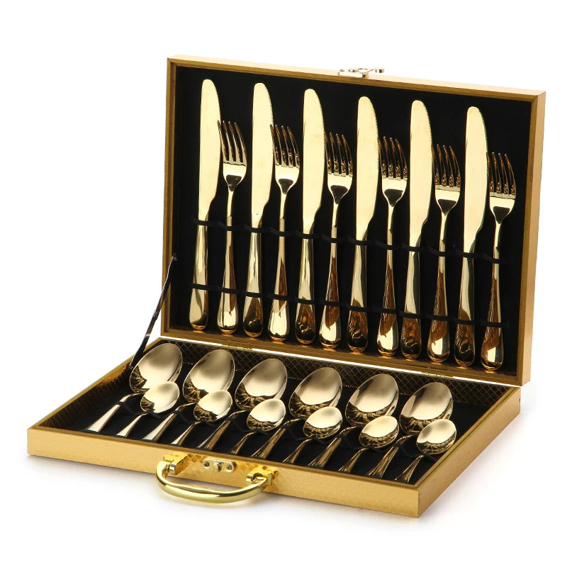 24 Pcs/Set Gold Stainless Steel European Design Mirror Polish Dinnerware High Quality Knife Fork Spoon Set for Home Restauran