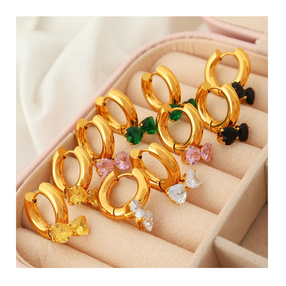 2024 New Arrival 316L Stainless Steel Hypoallergenic Tarnish Free 18k Pvd Gold Plated Heart Zircon Bow Earrings for Women
