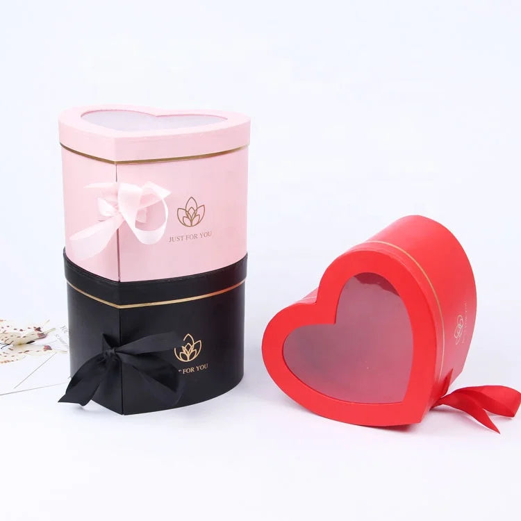 XJH Luxury 2 Tier Heart Shaped Box for Flower and Gift Arrangements With Clear Lid Surprise Flower Box