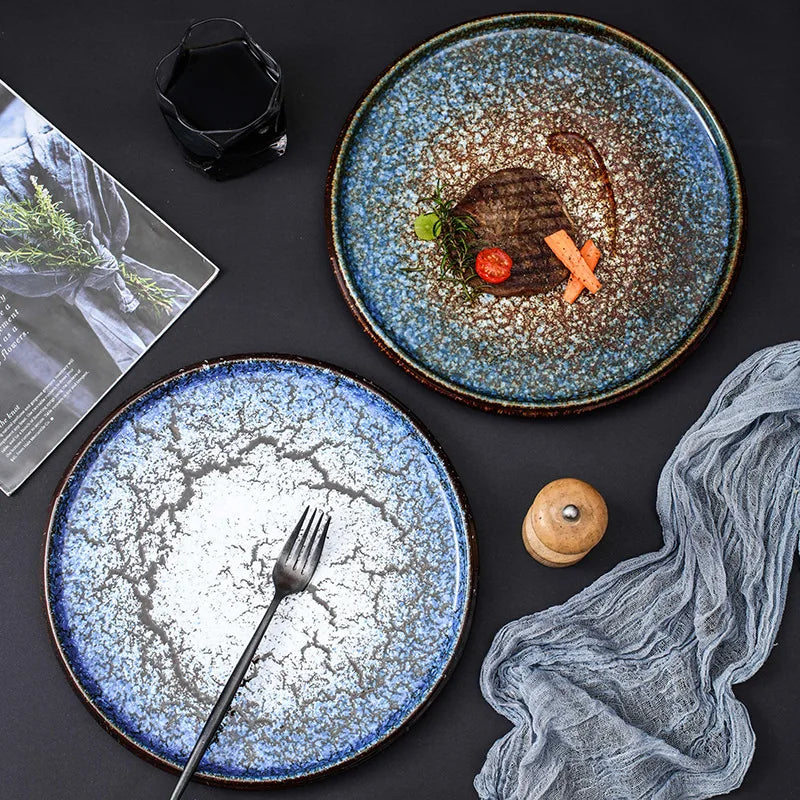 12 Inch Japanese Style Steak Spaghetti Pizza Cold Plate Round Ceramic Kiln Glazed Steak Plate Commercial Dish Plate