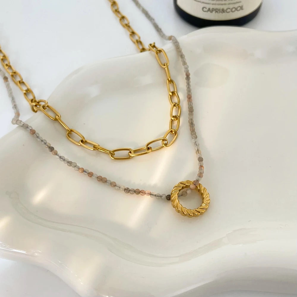 Stainless Steel Gold-plated Circular Ring Pendant Natural Stone Handmade Beaded Double-layer Necklace Accessory for Women