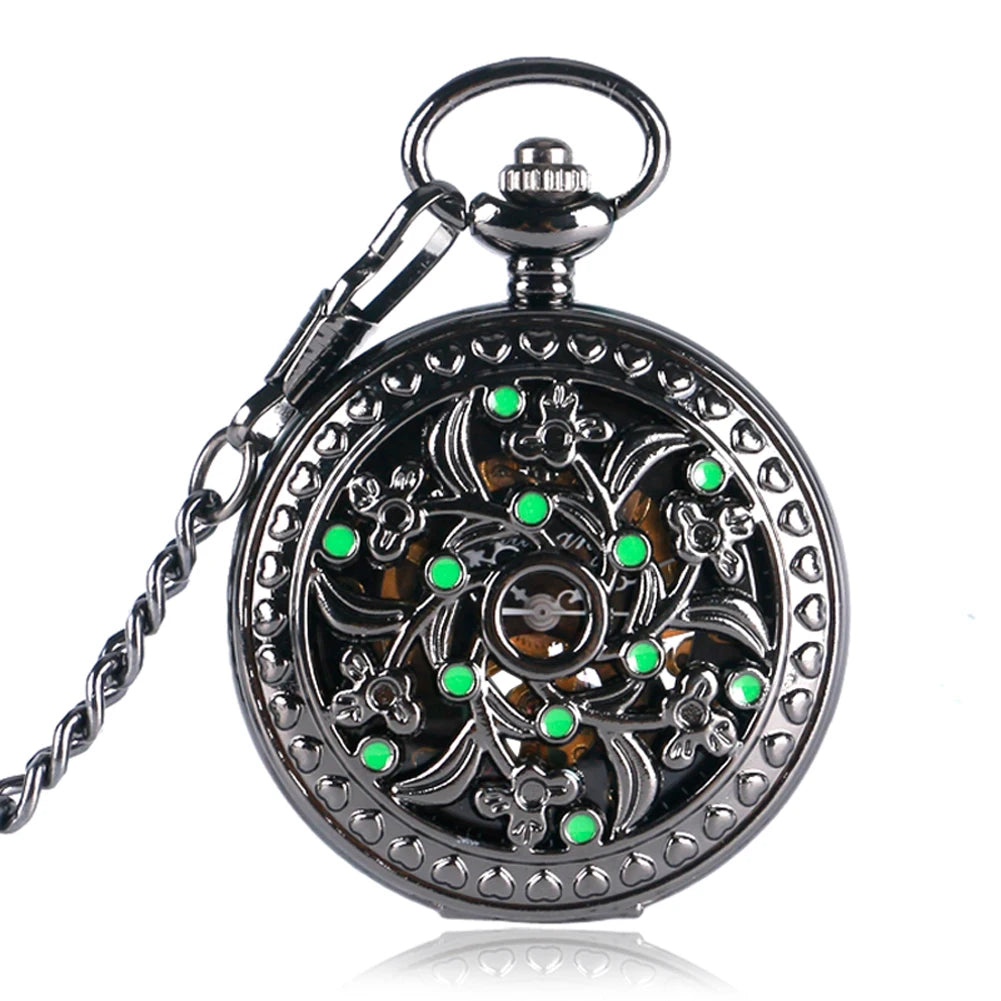 Vintage Flower Green Dots Hollow Manual Mechanical Pocket Watch  Black Hunter Steampunk Fob Watch with Chain for Men Gift