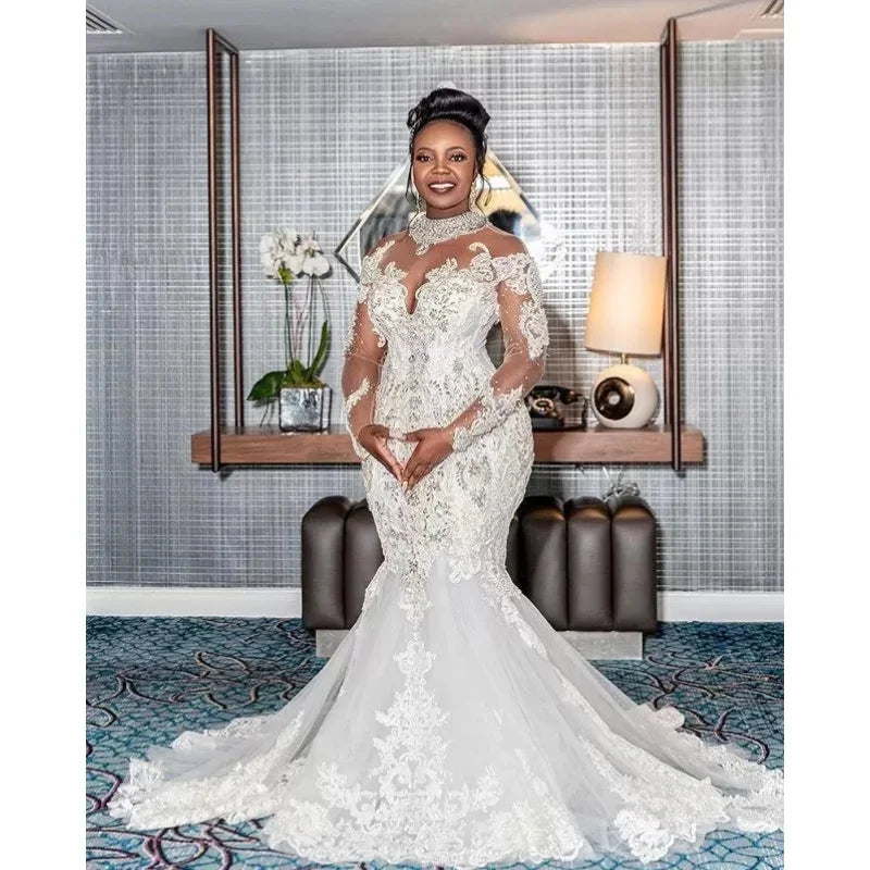 Luxury Crystals Mermaid Wedding Dresses Long Sleeves Illusion Lace Applique Sequins High Neck Custom Made Plus Size Wedding G