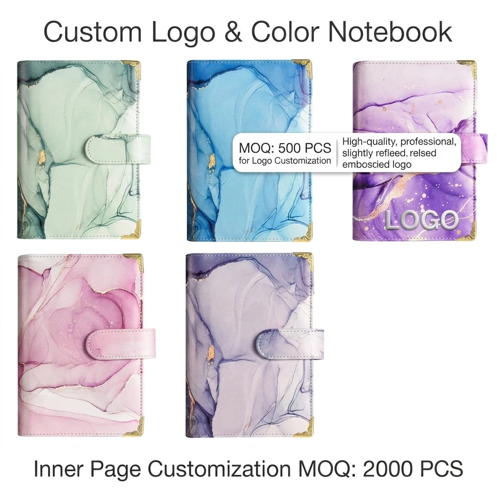 Fashion Glitter PU Leather Hardcover Budget Spiral Notebook Planner with Zipper Bags and PVC Bags for Gift