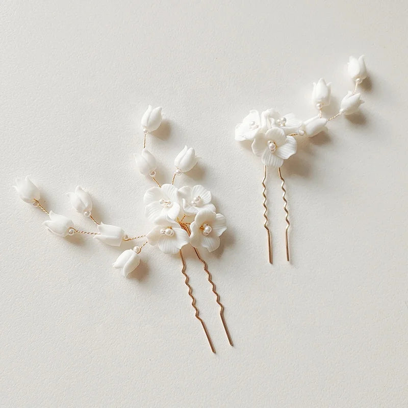 Handmade Ceramic Flower Tulip Design Headpiece Bridal Hair Accessories Women Hair Pin Set for Spring Summer Wedding Hairstyle