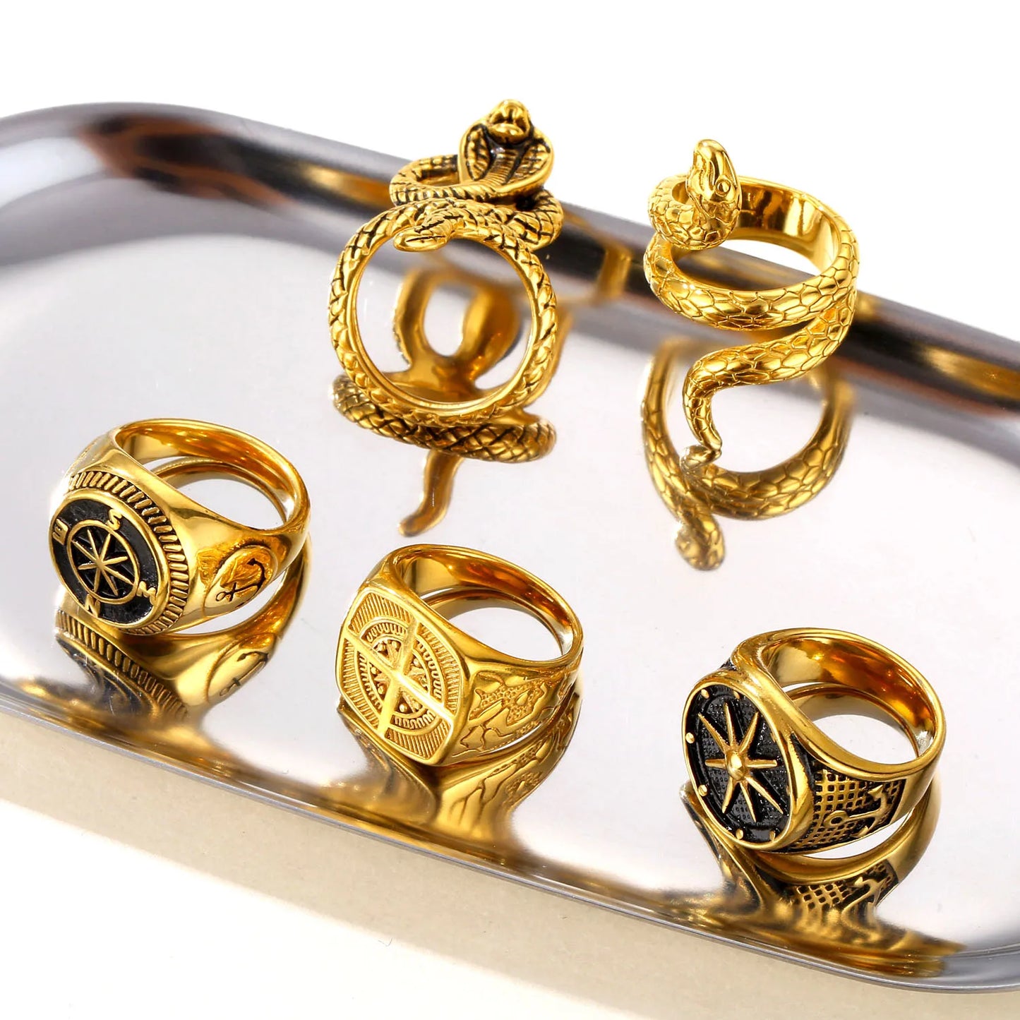 Wholesale 18K Compass Ring Stainless Steel Gold Jewelry Snake Design Engraved Geometric Signet Ring Men Women