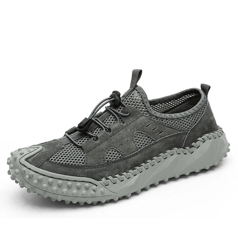 Factory Supply Breathable Mesh Genuine Leather Hand Sewing Anti slip Men 4 Season Summer Walking Hiking Shoes