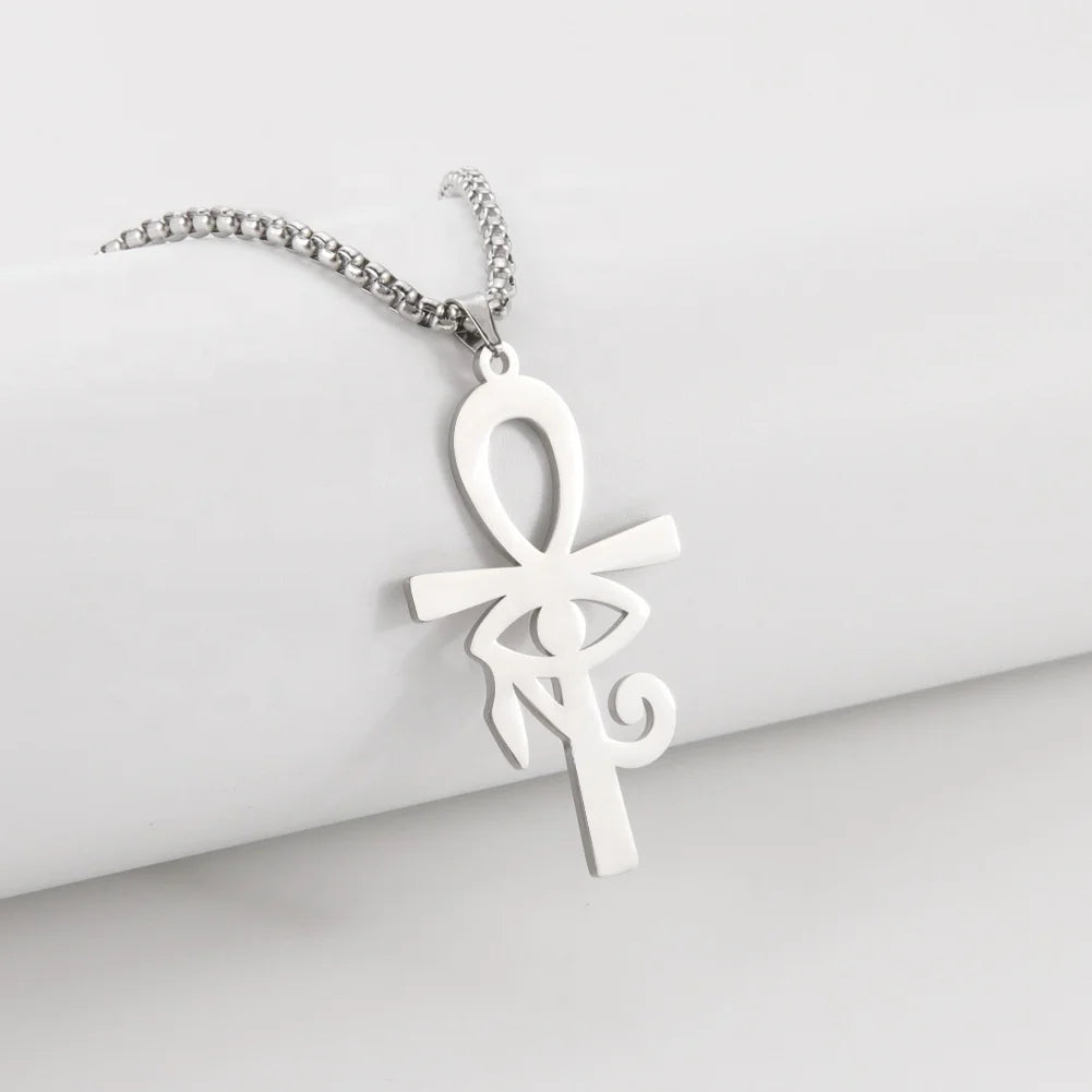 Ankh Cross Eye of Horus Egyptian Protection Charm Religious Pendant Amulet Vintage Gold Color Jewelry Stainless Steel Necklac