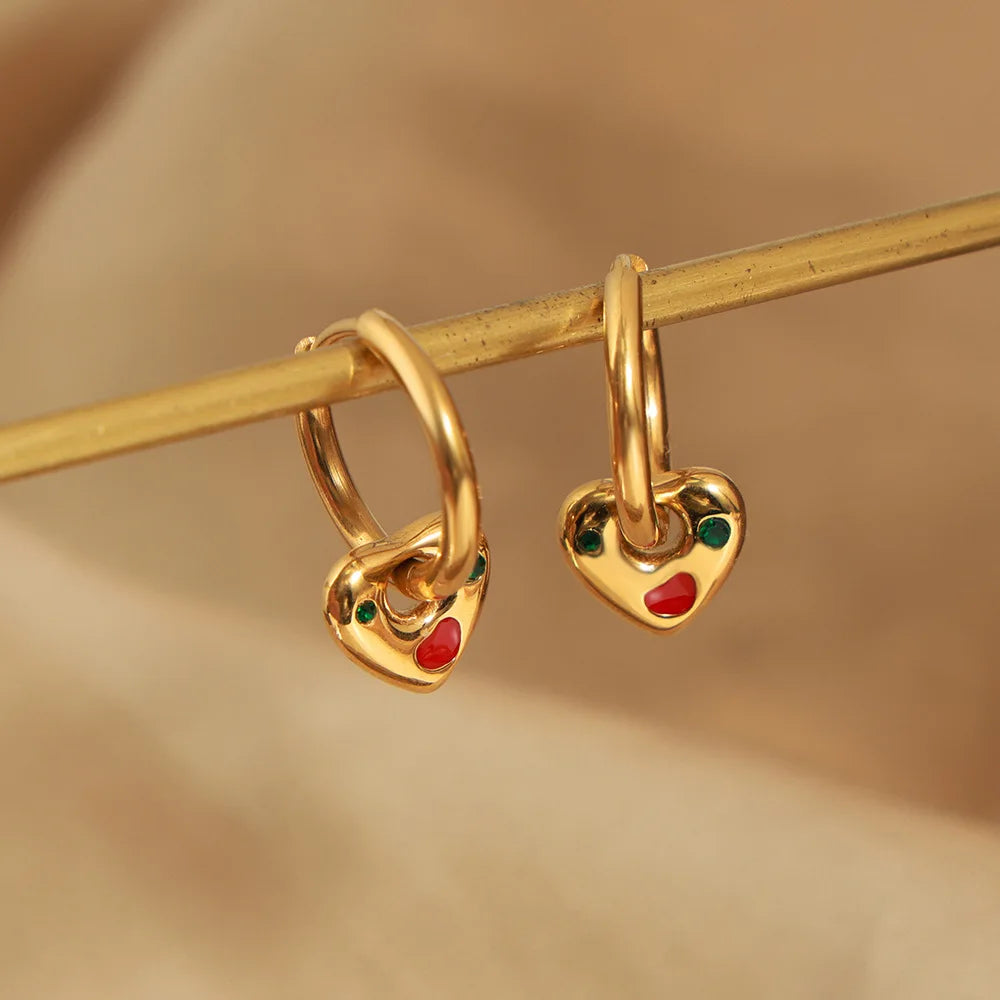 Waterproof Gold-Plated Stainless Steel Huggies Earrings Non-Tarnish Surgical Steel Heart with Zircon Stones