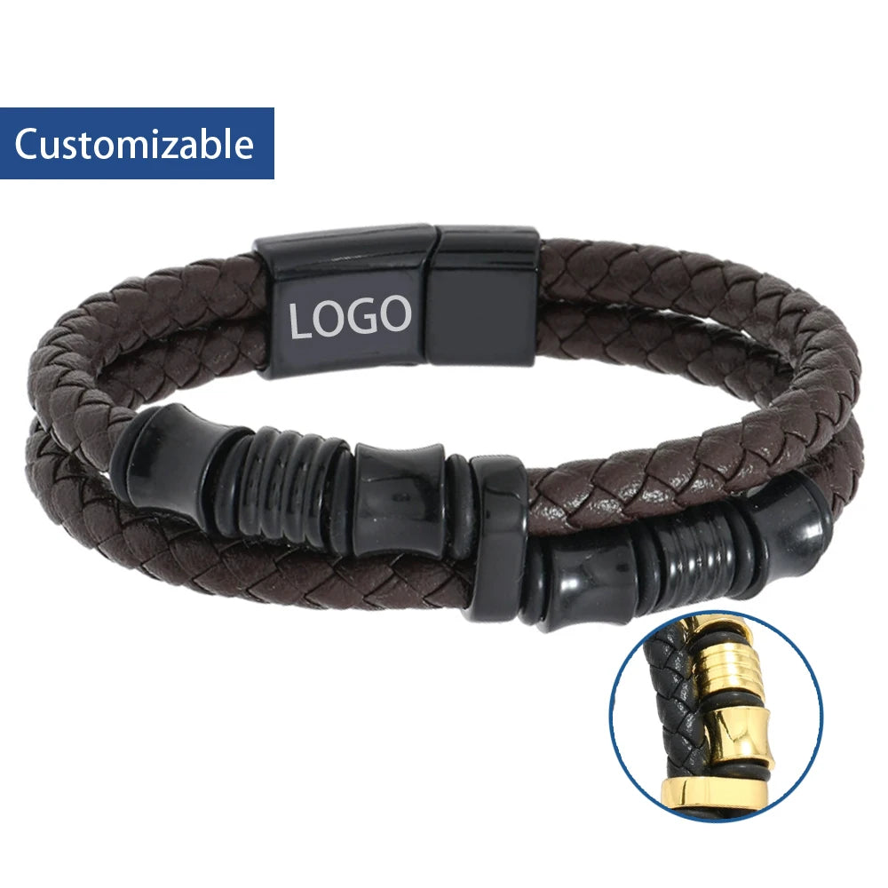 Men's Double Layer Genuine Leather Wrap Bracelet Woven Stainless Steel Magnetic Clasp Black Gun Plated Punk Fashion Gift Hip 