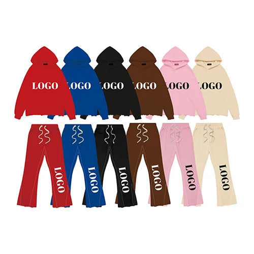 Custom Hiphop Men's Pullover Sweatshirt Solid Color No Pockets No Drawstring Cropped Hoodie Men and Stacked Flared Sweatpants