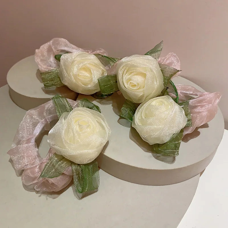 MIO Rose Hair Accessories Rubber Bands French Romantic Temperament Hair Tie Vintage Lady Sweet Organza Roses with Leaf Hair B