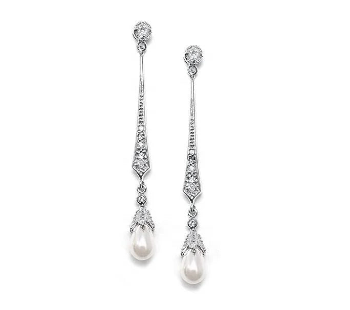 Vintage Slender Dangle Earrings 925 Sterling Silver Freshwater Pearl Drop Earrings Bridal Wedding Earrings