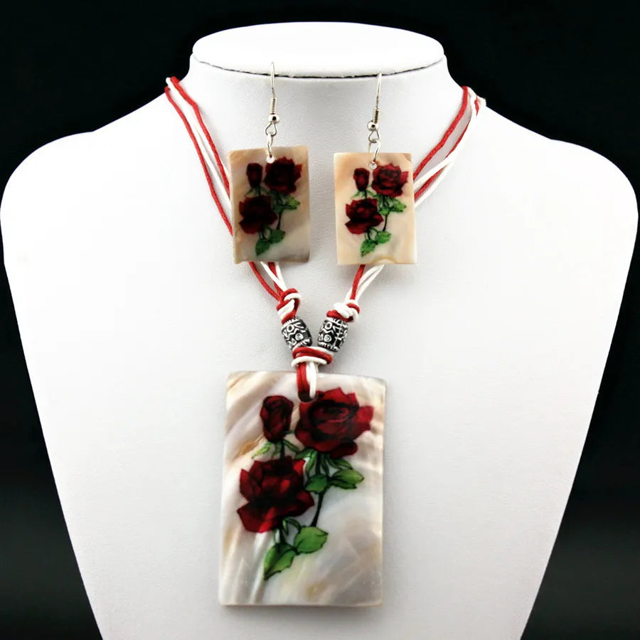 Original Design Rectangle Shell Pendant Necklace Earrings Women Statement Painted Red Rose Flower Plate Necklace Earrings Set