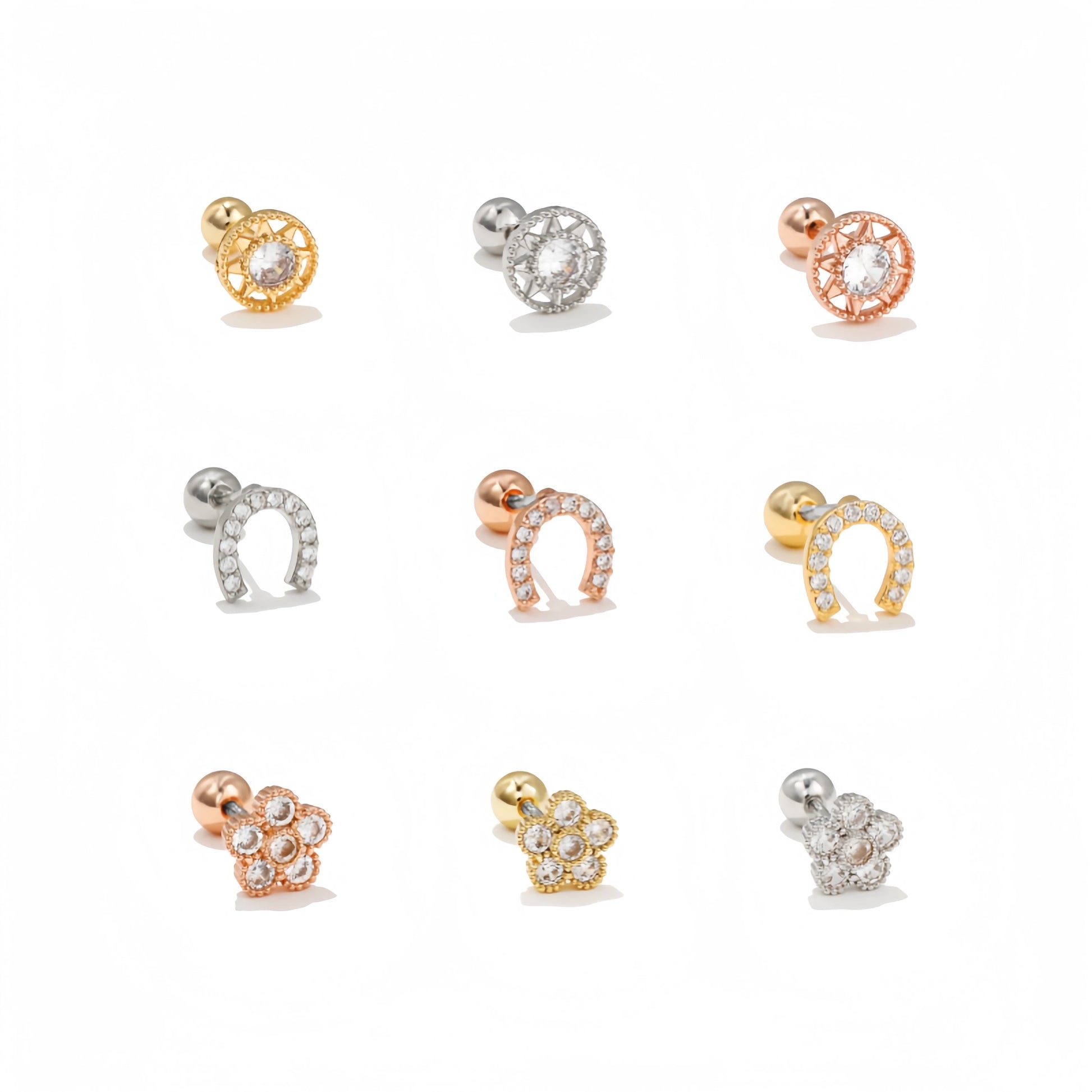 Fashion Women Gold Geometric Zircon Ear Bone Stud Gold Plated Brass Piercing Screw Ball Trend Flower Diamond Stud Earrings