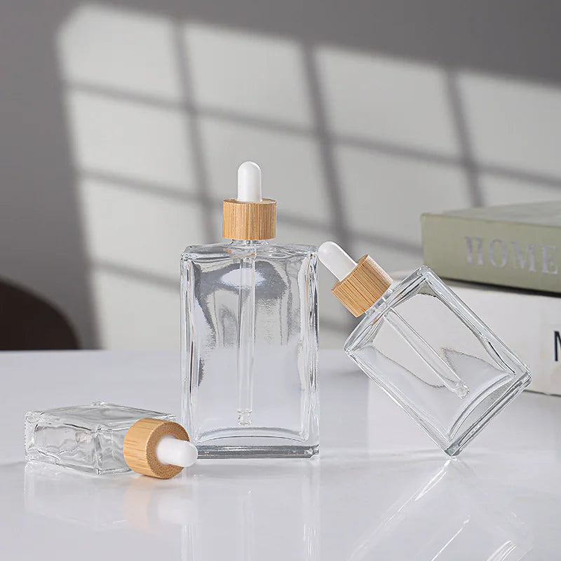 Transparent Rectangle Glass Dropper Bottle with Screen Printing 30ml 50ml 100ml for Hair Oil Serum Essential Oil Perfume