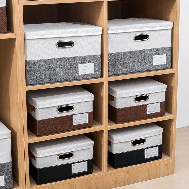 Linen Fabric Closet Organizer with Lid Patchwork Collapsible Clothes Organizer Foldable Clothing Storage Box with Metal Handl