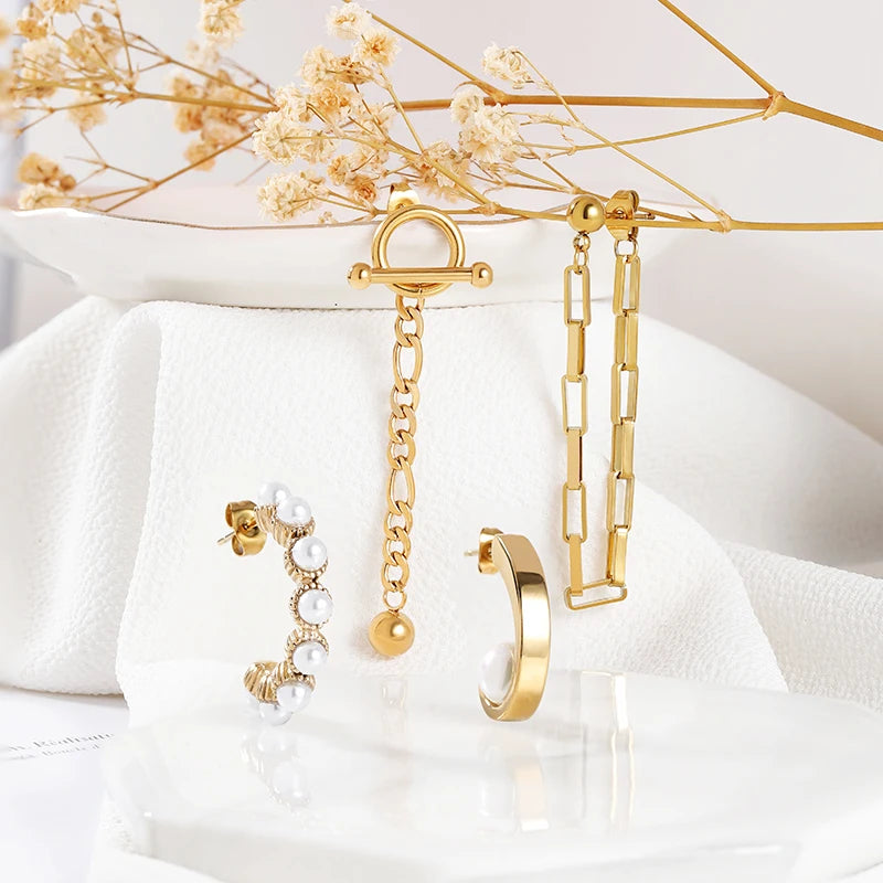 HOVANCI 18K Gold Plated Gift Party Trendy Pearl Stud Earrings Stainless Steel Jewelry Long Tassel Chain Earrings