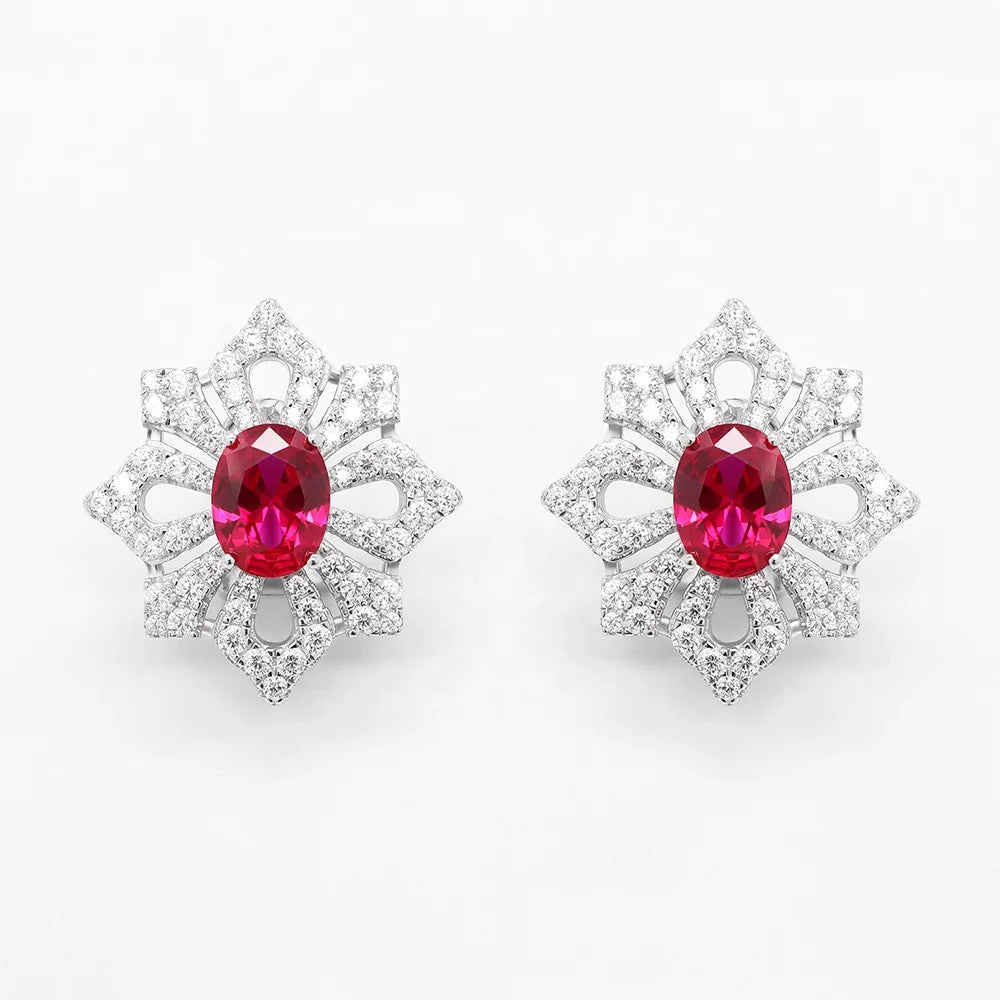 Europe and America Luxury Four-Claw Inlay Ruby Earrings 925 Silver Snowflake Women Earrings