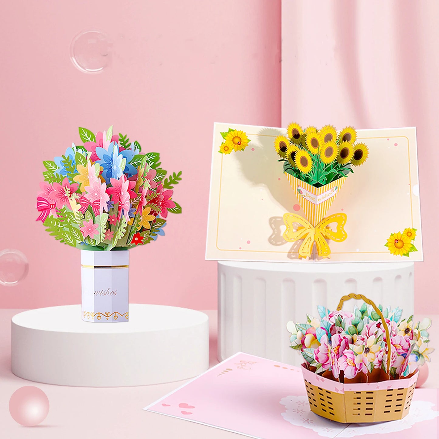 Nicro Wholesale Happy Mother's Day Gift Supplies 3D Pop Flower Bouquet Basket Hand Flower Paper Carved Greeting Cards