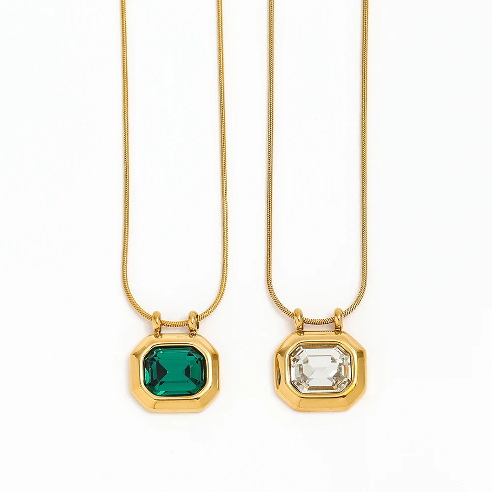 Fenny 18K Gold Plated No Fade Vintage Rectangle Clear Emerald Zircon Pendant Necklace Stainless Steel Jewelry Wholesale