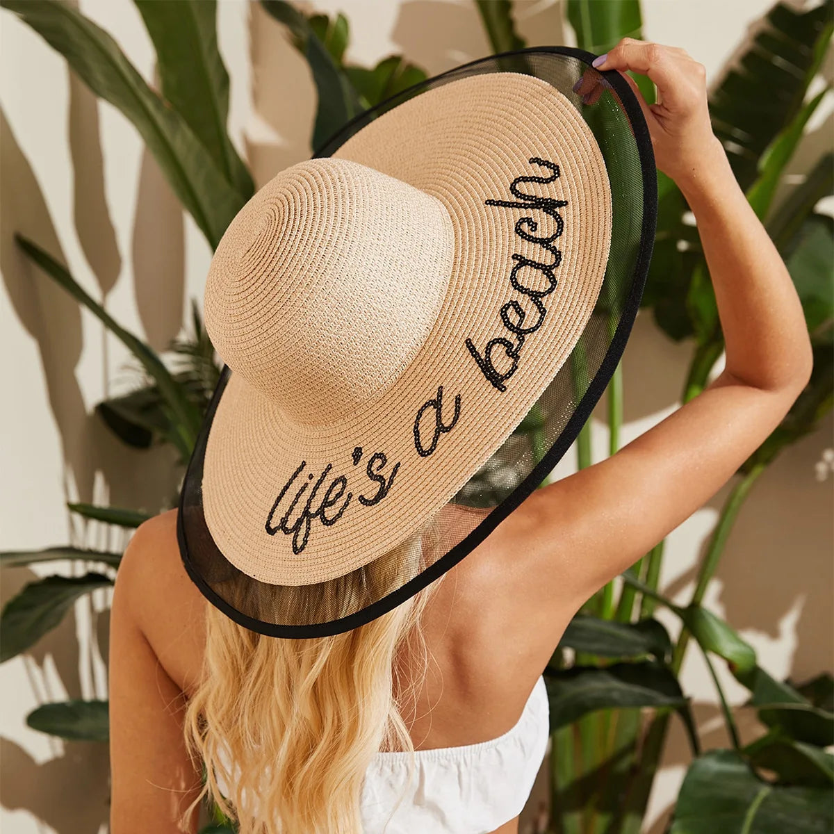 Summer Women Straw Hat With Lace Net Edge Wide Brim Hats Sun Beach Hat for Travel