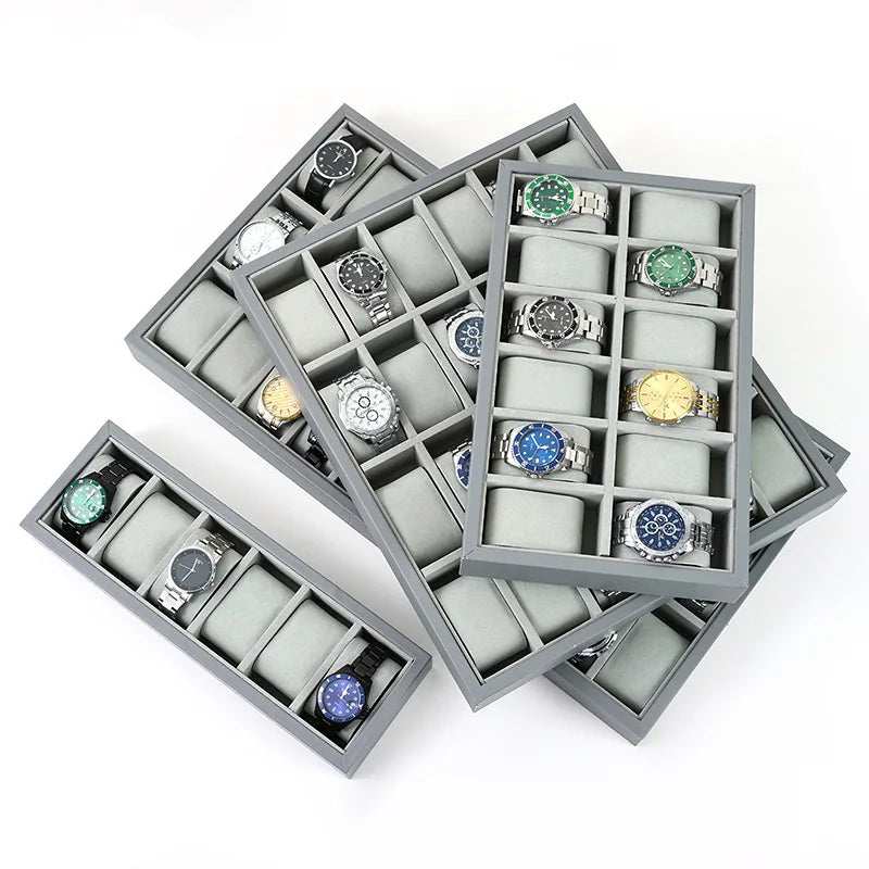 Wholesale Factory Direct Gray PU Leather Watch Display Organizer Tray Table MDF 6-30 Slot Velvet Inner OEM Available Custom L