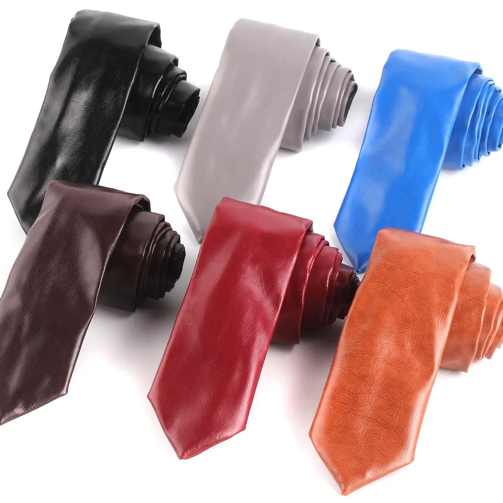 Black Brown Mens Leather Neck Ties 5.5cm Slim Narrow Leather Necktie Tie for Men