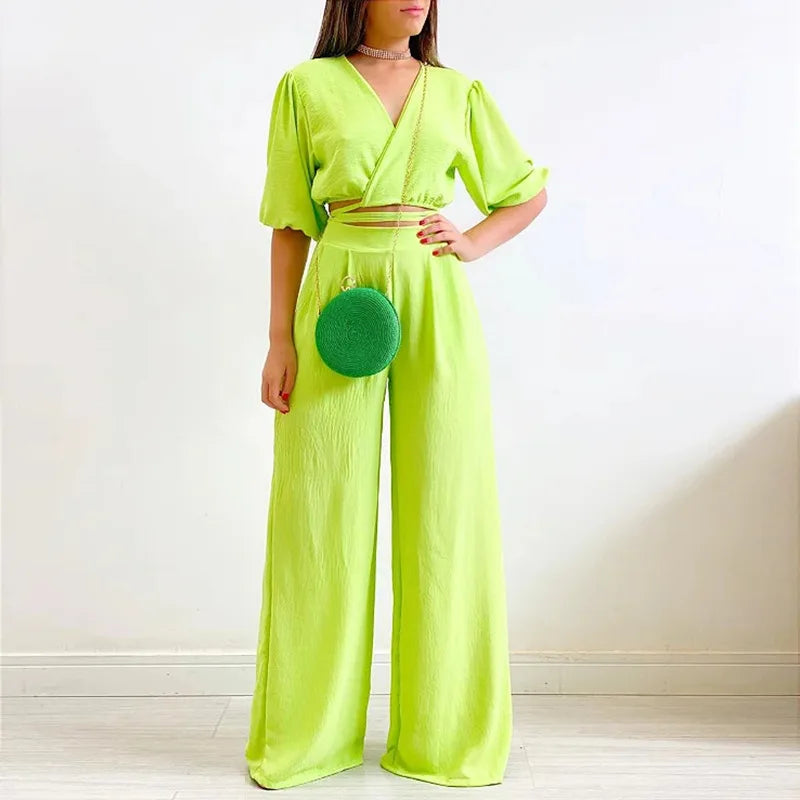 European and American Oversized Women's Clothing Summer V-neck Short Sleeved Top High Waisted Wide Leg Pants Fashion Set S-2X