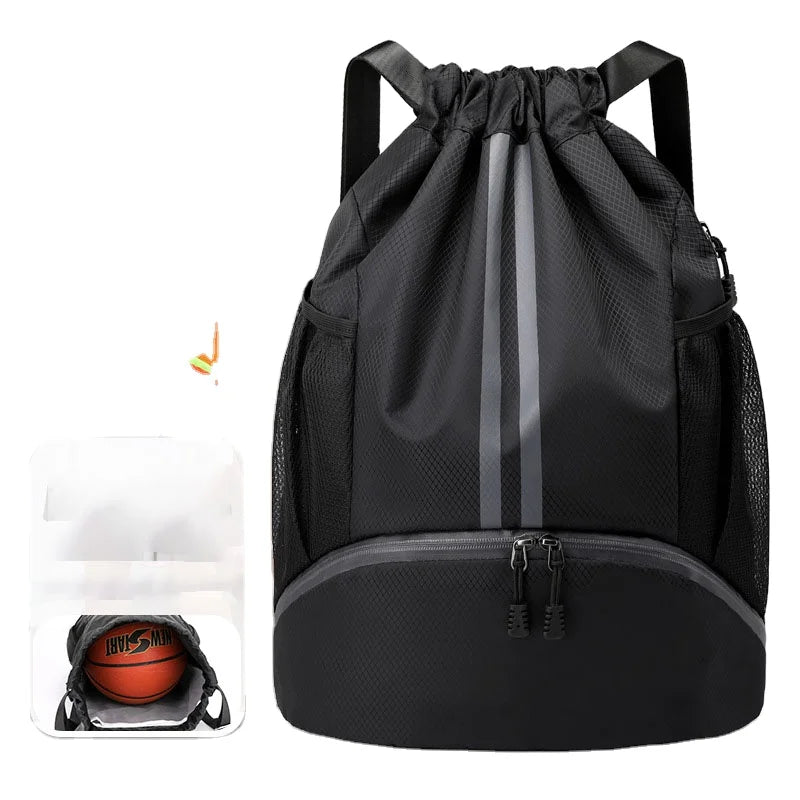 Custom logo Polyester Waterproof Recreational Sports Gym Pull String Backpack Bag Basketball Backpack with Shoe Compartment