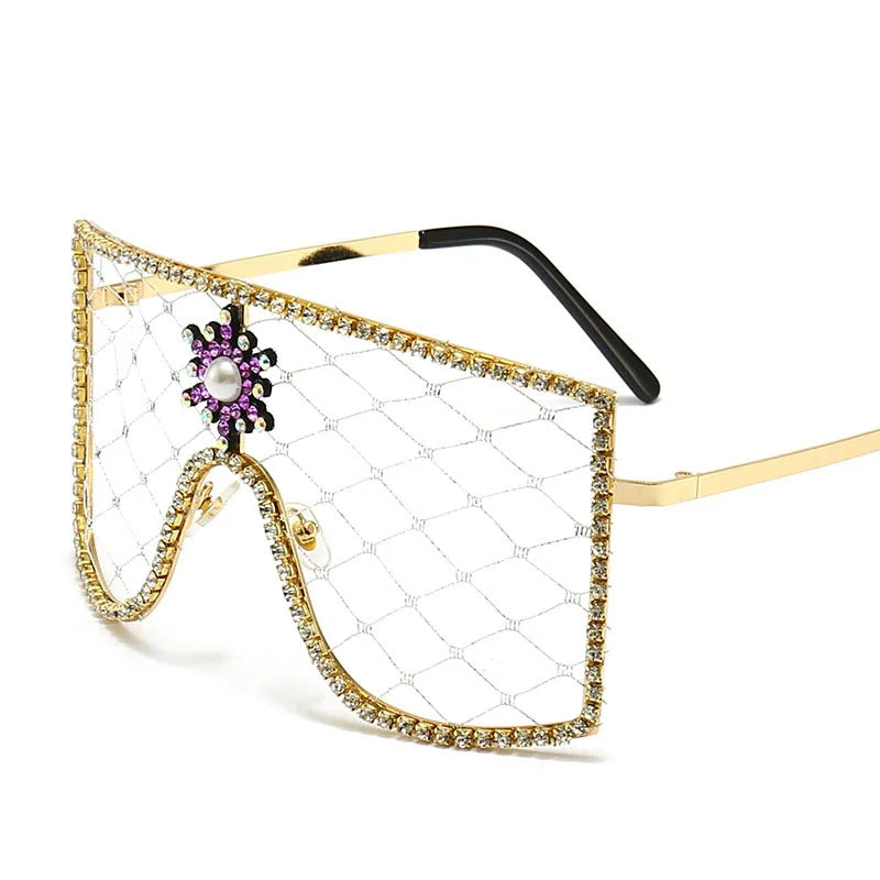 Rhinestones BIG Sunglasses Women Vintage Sparkling Crystal Diamond Sun Glasses Model Bling Veil Yarn No Lens Eyewear