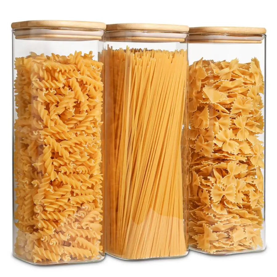 Set of 3 Clear Glass Spaghetti Pasta Storage Jars 2000ml/71OZ Airtight Food Container with Bamboo Lids for Honey Sugar Storag