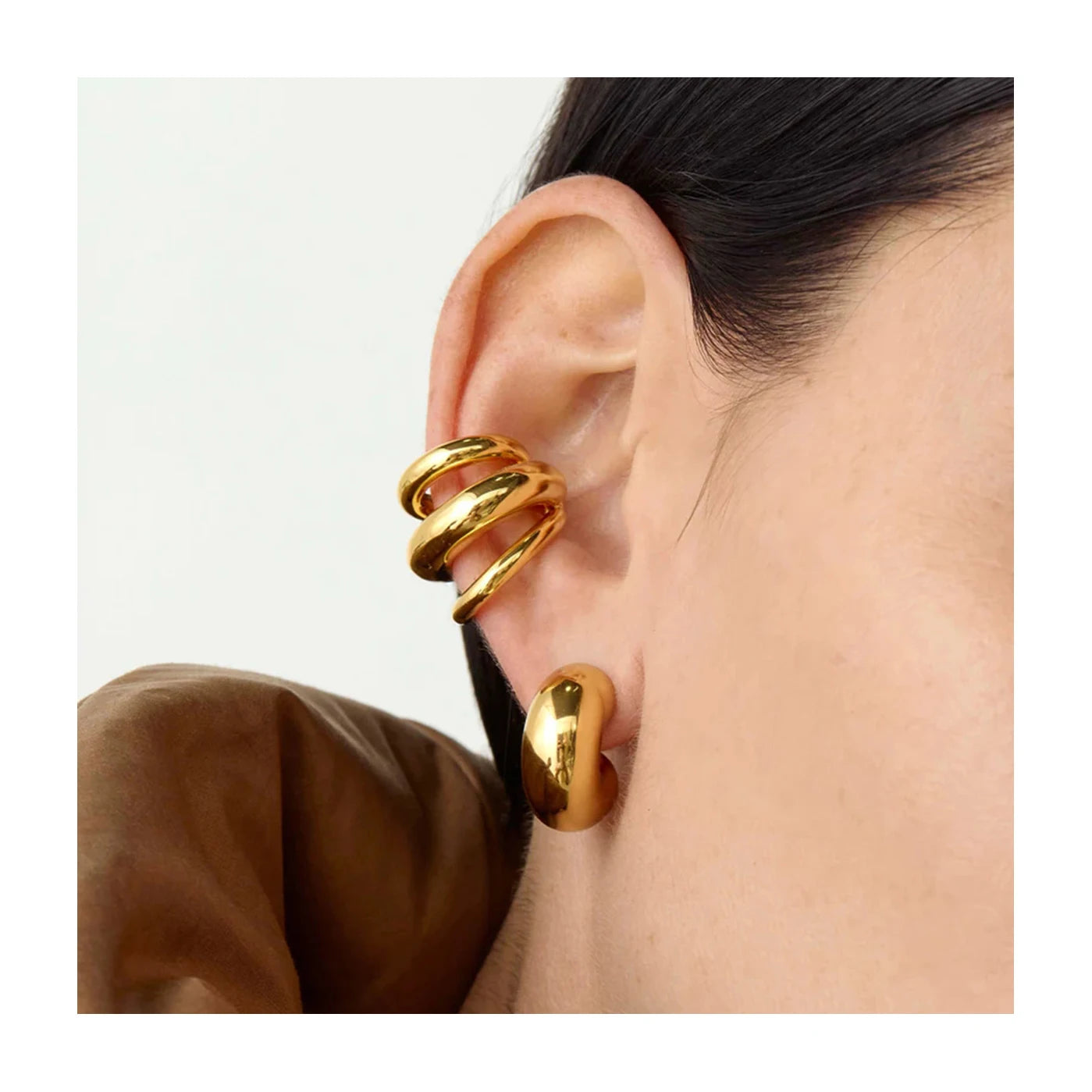 ERESI Tarnish Free Jewelry 18K Gold Plated Hollow Ear Cuff Gift Stainless Steel Three Layer Cuff Earrings for Women