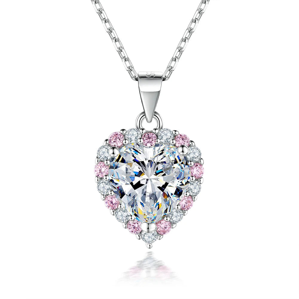 Sparking Fadeless pink and White Cubic Zircon 925 Sterling Silver Elegant Heart Pendant Necklace for Women