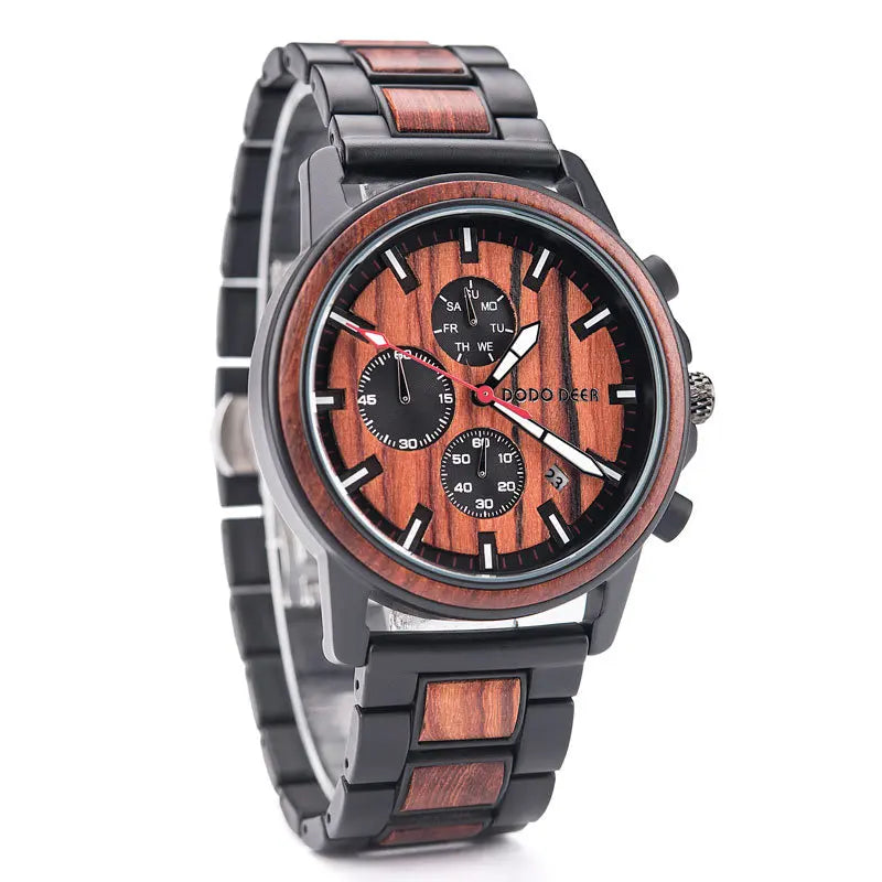 Men's Luxury Wood Chronograph Metal Watch Stainless Steel Band Quartz Calendar Antique Dial Business Fashion Style Gift for M