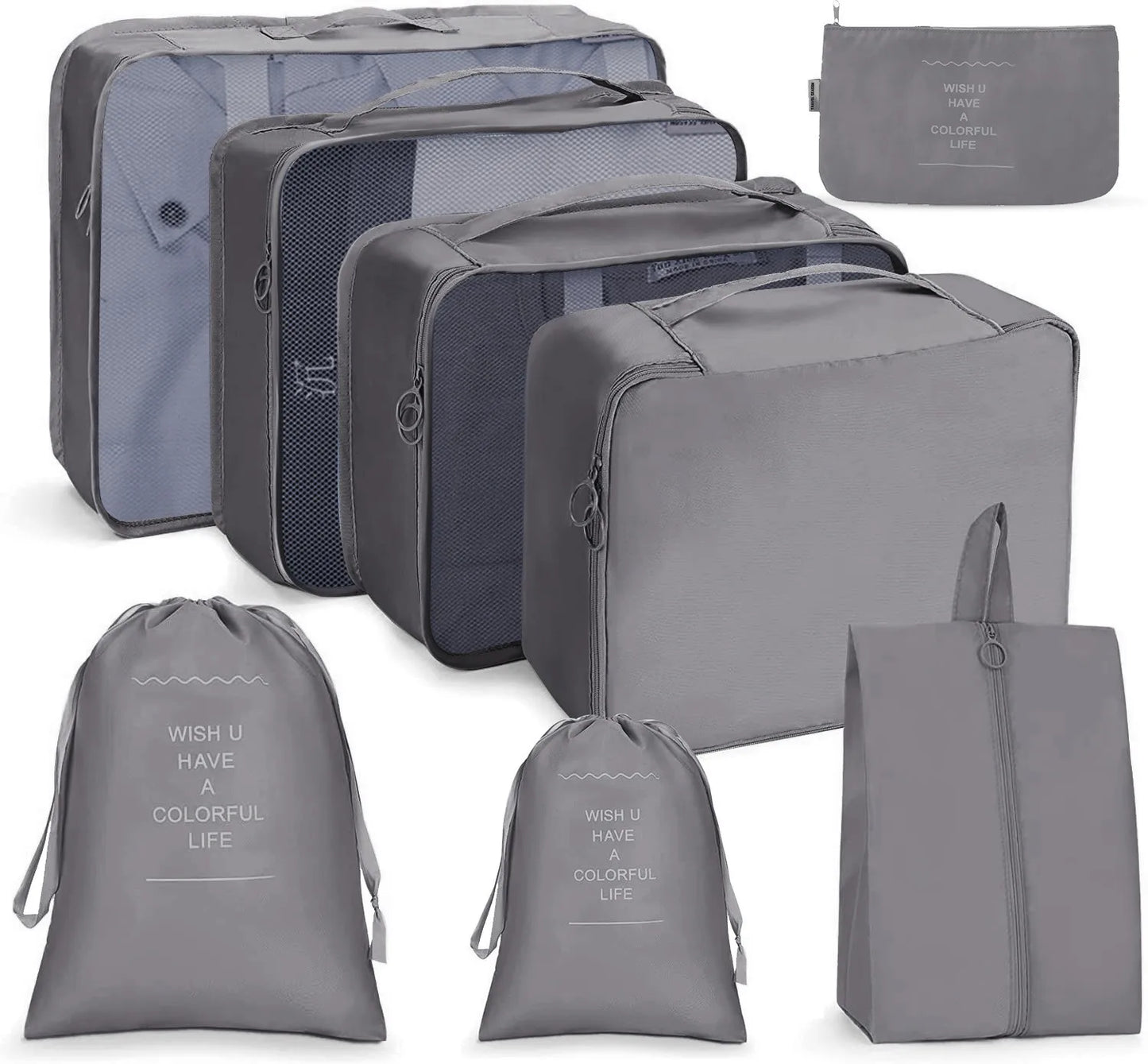4001131 Waterproof Nylon Fabric Travel Packing Cubes Organizer Bag 8-Piece Set for Wardrobe and Luggage Storage