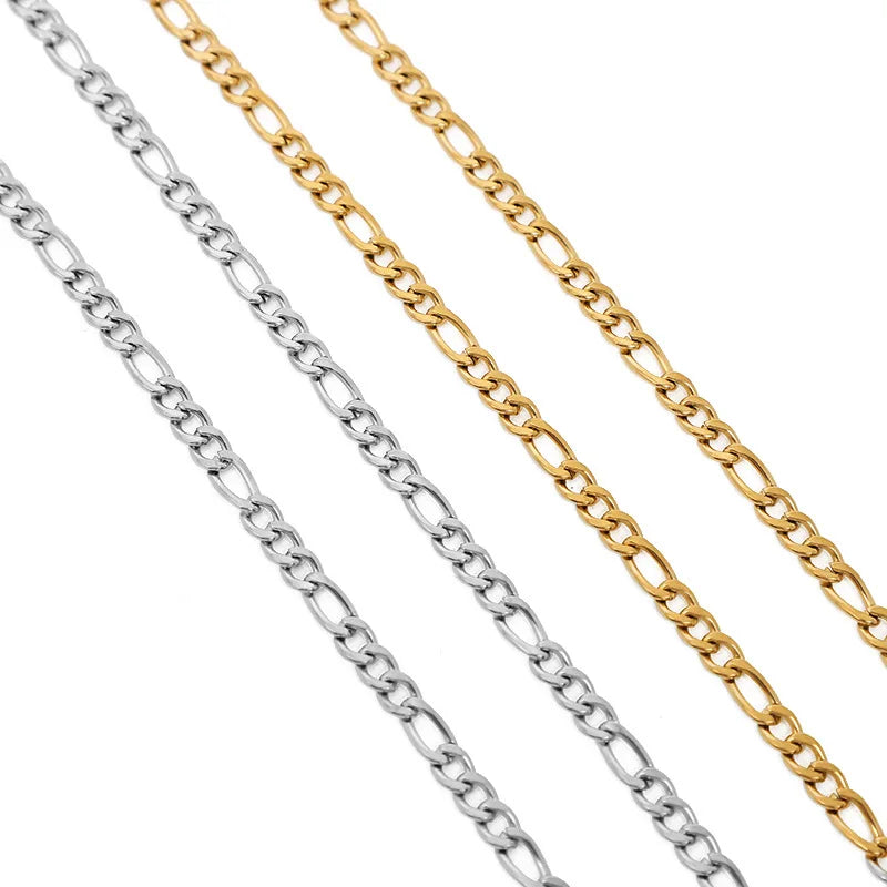 GP Stylish Stainless Steel 3+1 Figaro Chain Bracelet Necklace Jewelry Set in Bulk with 18K Gold Plating
