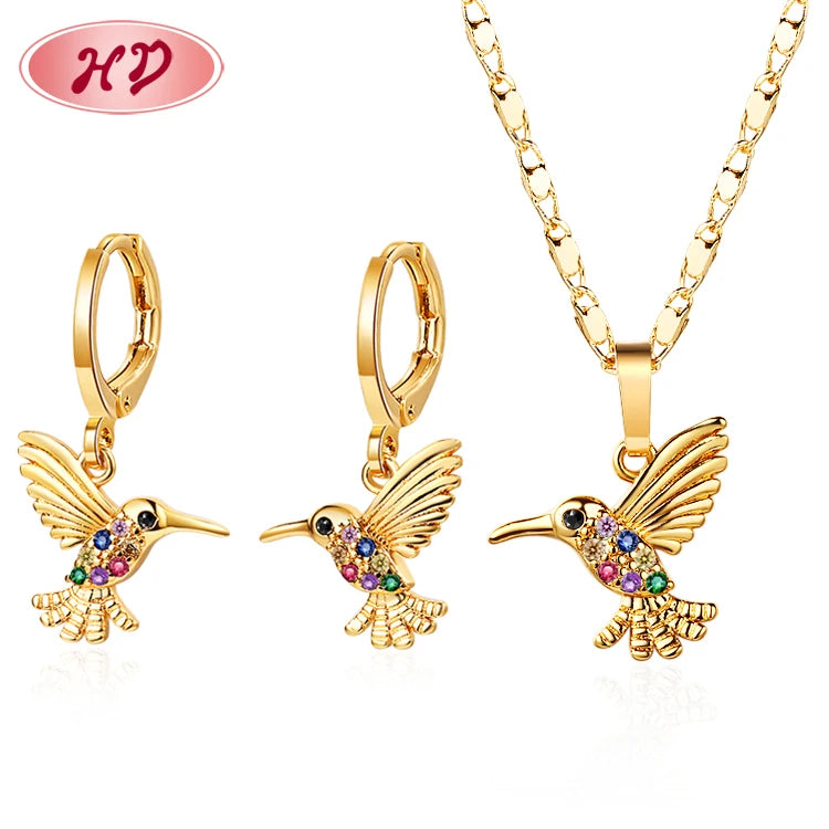 Hot Selling List Humming Bird Plated Jewelry Gift Set Collar Y Aretes Largos 18K Gold Plated Women Necklace Sets