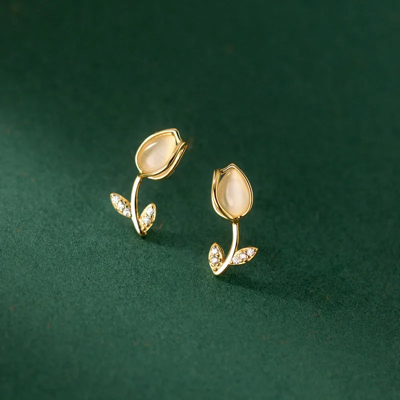 Fashion Cubic Zircon Synthetic Opal Stone Tulips Flower Stud Earrings Wholesale 925 Sterling Silver Girls Summer Jewelry Gift