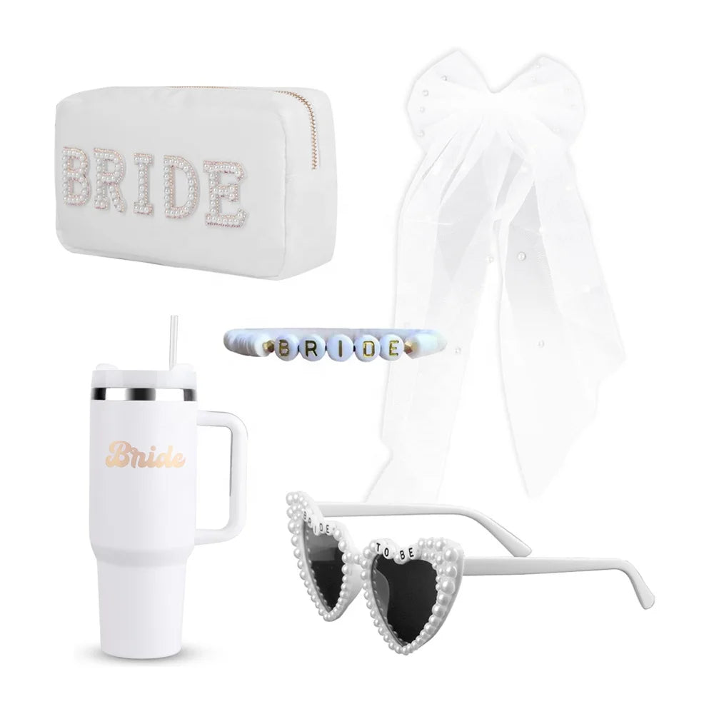 PAFU Bridal Wedding Gifts Bride Cosmetic Bag Pouch Car Tumbler Pearl Hair Clip Bow Veil Bracelet Sunglasses