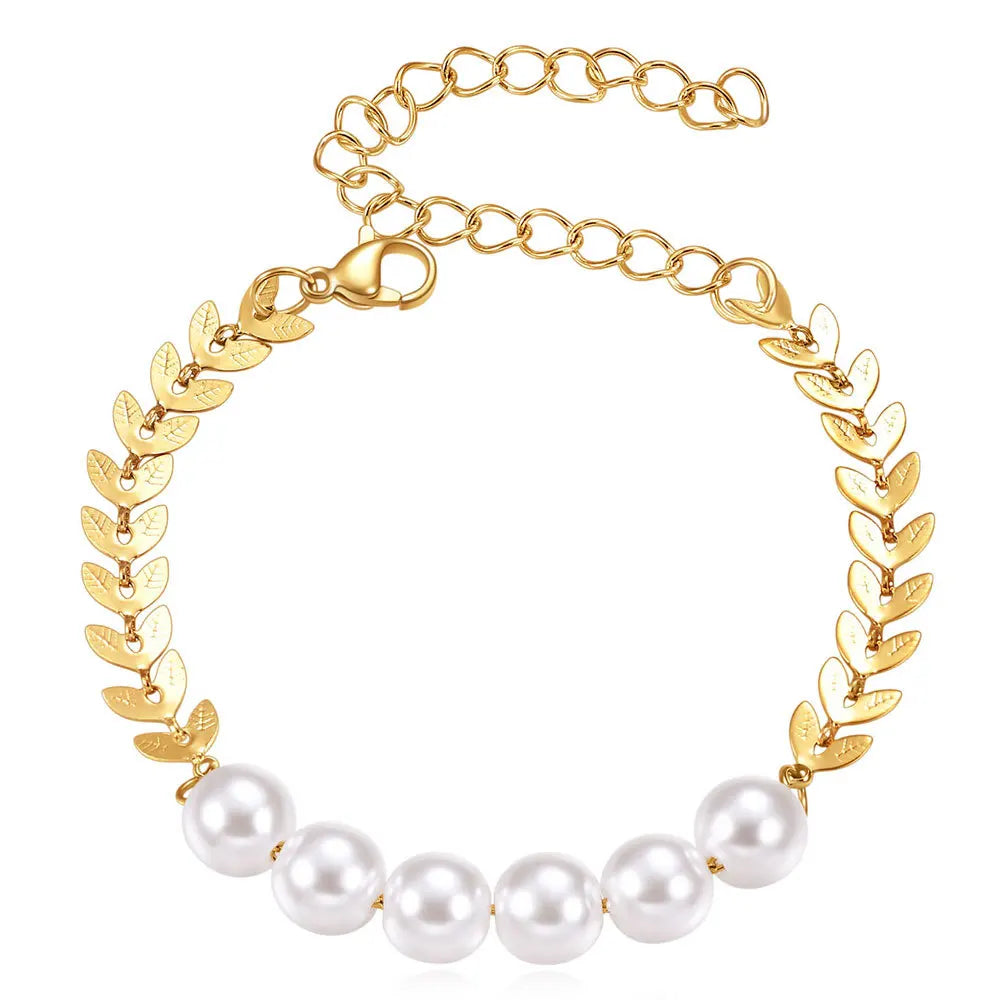 Imitation Pearl Bracelet 18k Gold Leaf Stainless Steel Wheat Chain Bracelet