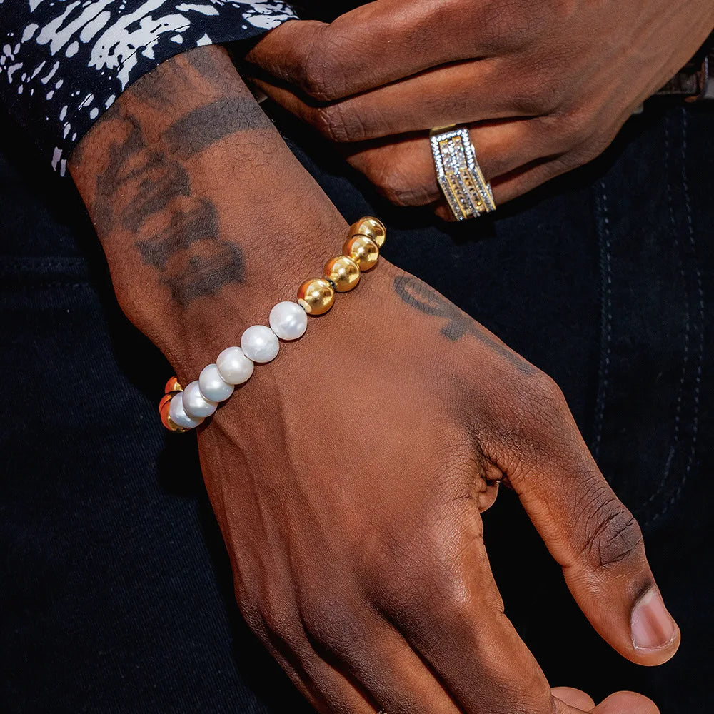 Aimgal 10mm Natural Freshwater Pearl Hip-Hop Bracelet: 316L Stainless Steel Beads Tarnish-Free Mens Fashion Jewelry