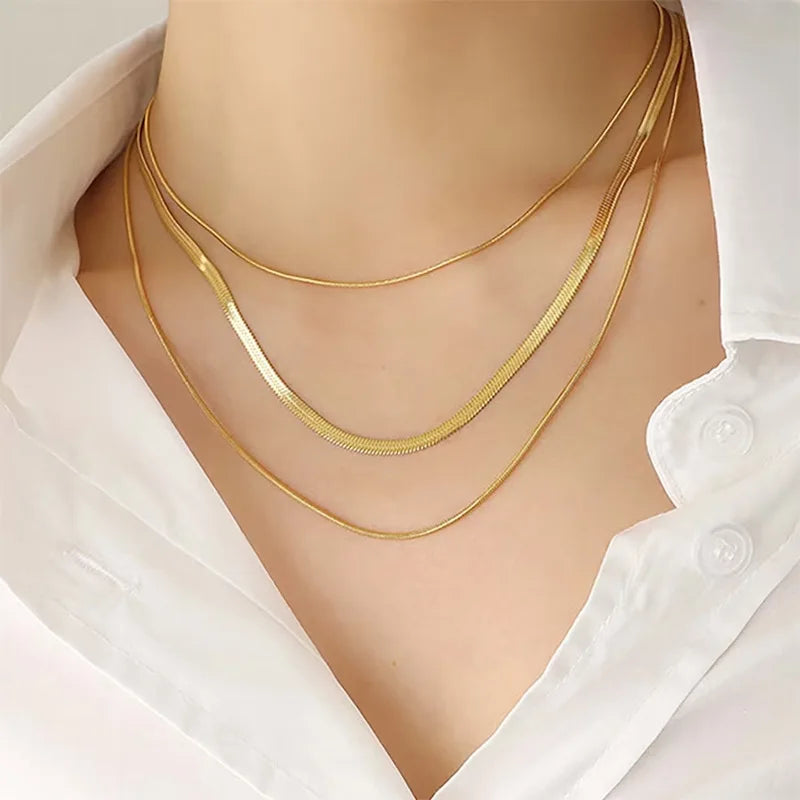 Wholesale 18K PVD Plated Tarnish Free Waterproof Herringbone Chain Three Layer Snake Chain Stainless Steel Necklace for Women