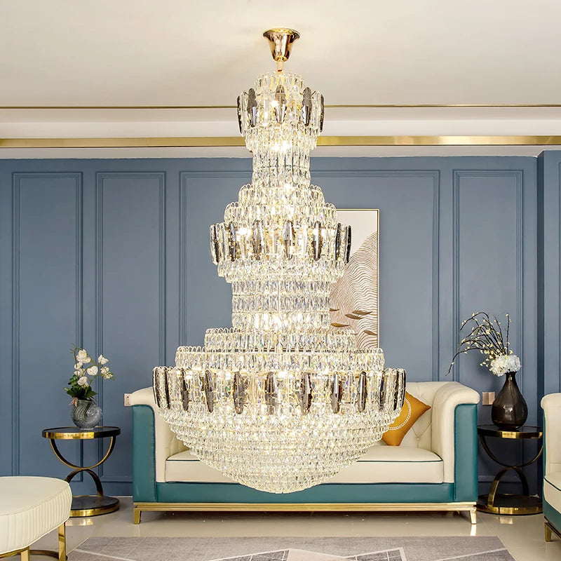 Gold Luxury Custom Crystal Villa Duplex Living Room Hollow High Pendant Lamp Home Decoration Crystal Long Chandelier