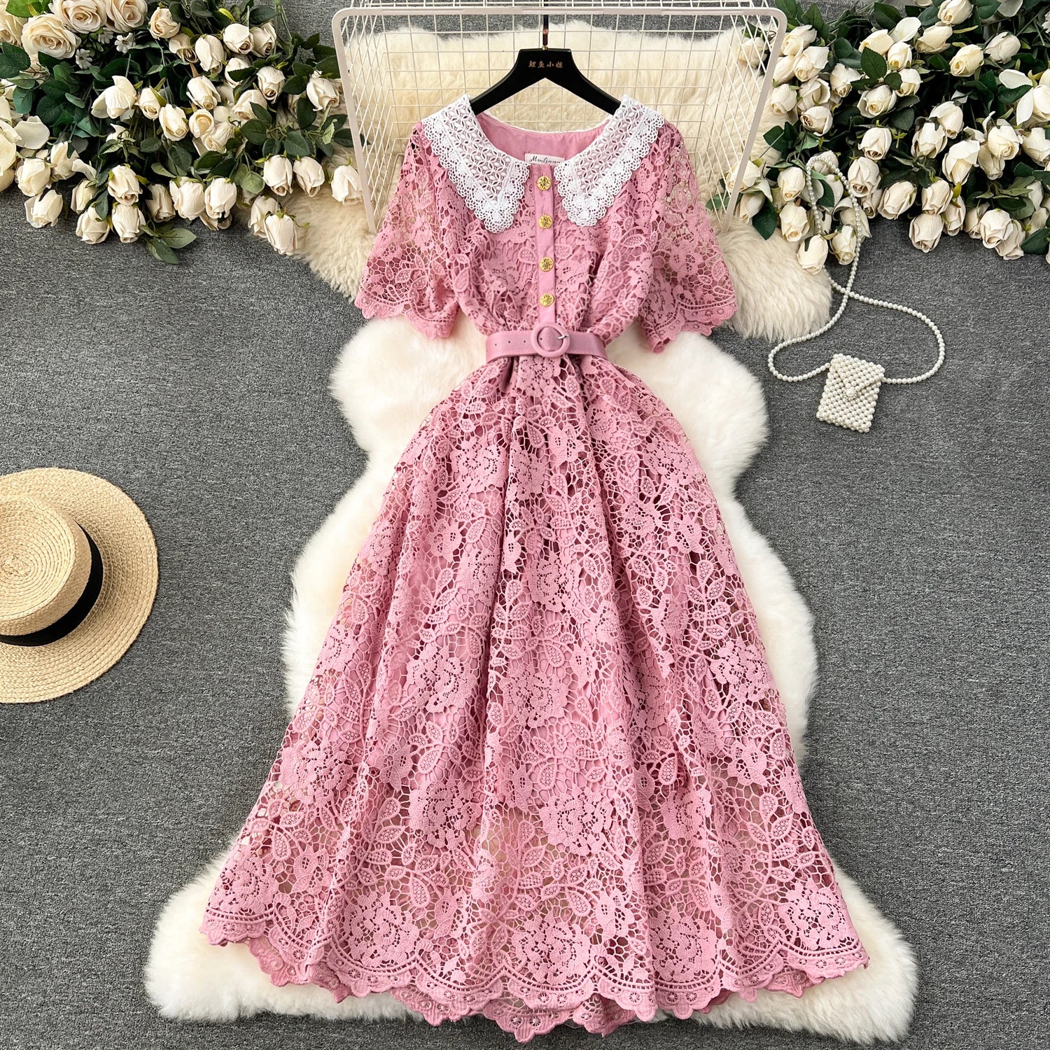 2024 Sweet Peter Pan Collar Casual Midi Dress for Women Empire Contrast Color Lace Vestidos Purple Red Black White